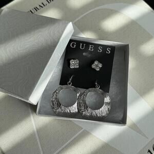 Guess Silver Rhinestone Studs & Textured Hoops Statement Earrings Set